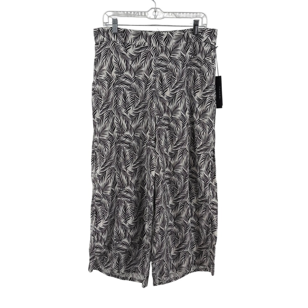Tahari Women's Luxe Linen Wide Leg Crop Pants XL Black White Palm Print NWT